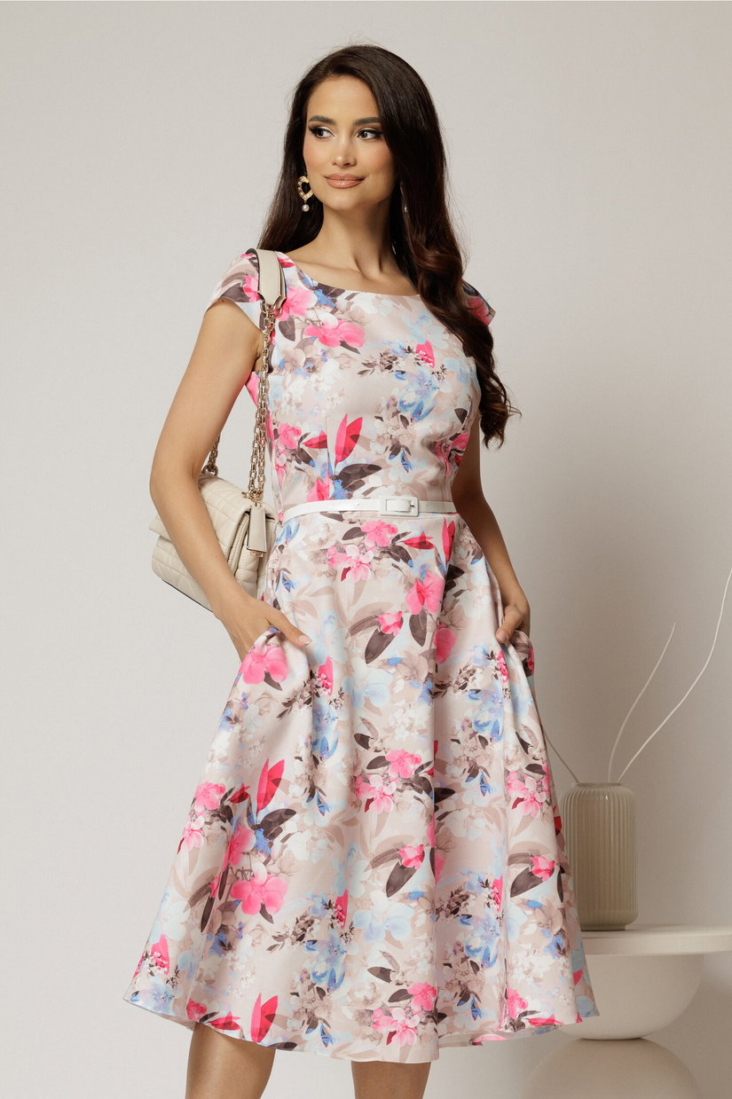 Rochie midi bej cu flori fucsia bleu in clos cu buzunare si curea in talie