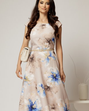 Rochie midi bej cu flori albastre in clos cu buzunare si curea in talie
