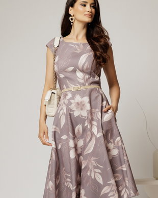 Rochie midi gri cu flori bej in clos cu buzunare si curea in talie