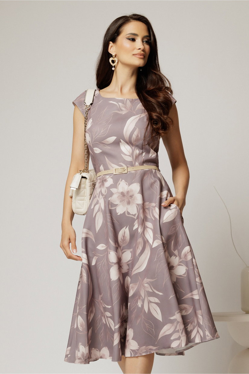 Rochie midi gri cu flori bej in clos cu buzunare si curea in talie