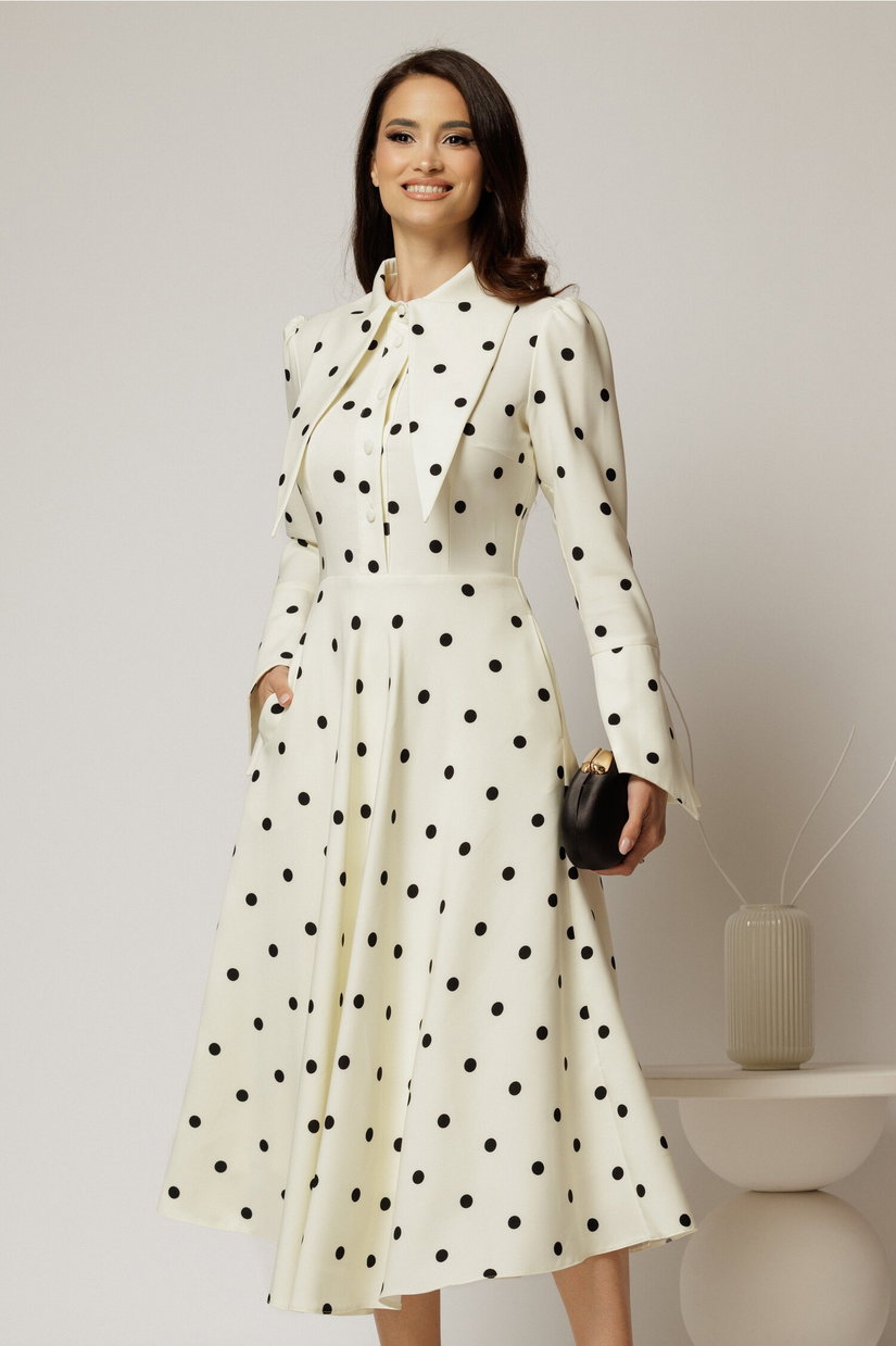 Rochie midi alba cu buline si guler ascutit
