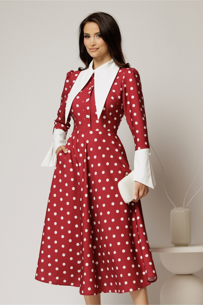 Rochie midi bordo cu buline si guler ascutit