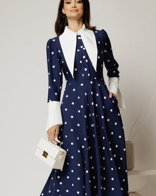 Rochie midi bleumarin cu buline si guler ascutit