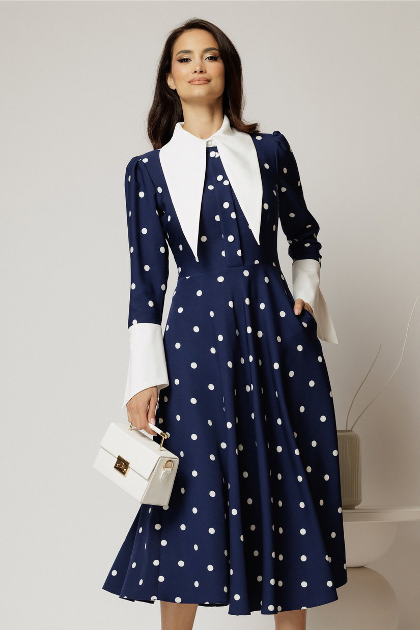 Rochie midi bleumarin cu buline si guler ascutit