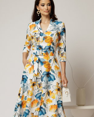 Rochie midi de zi ivoar cu imprimeuri galbene si albastre cu buzunare