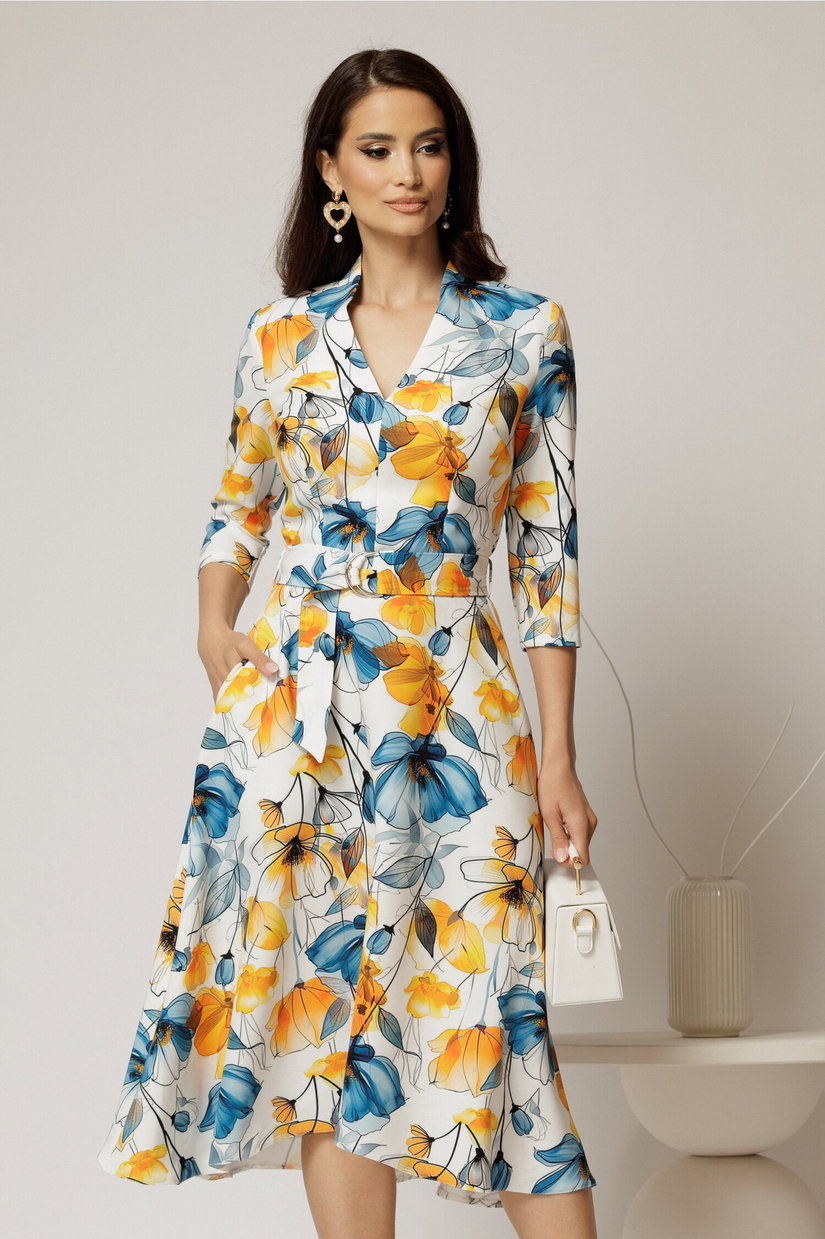 Rochie midi de zi ivoar cu imprimeuri galbene si albastre cu buzunare