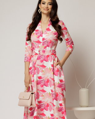 Rochie midi de zi ivoar cu imprimeuri fucsia cu buzunare
