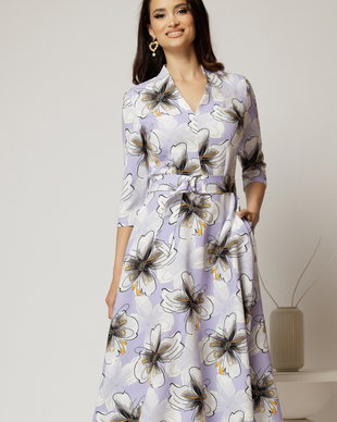 Rochie midi de zi lila cu imprimeuri ivoar cu buzunare