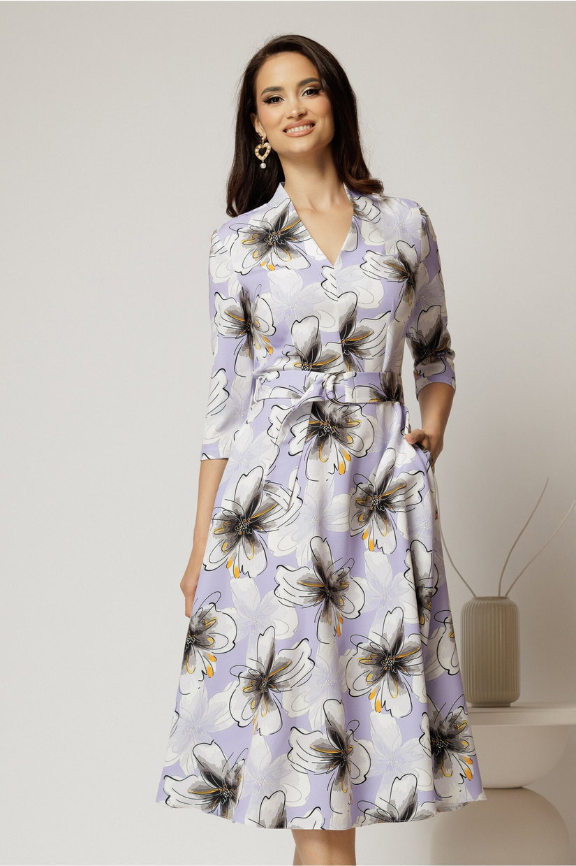 Rochie midi de zi lila cu imprimeuri ivoar cu buzunare