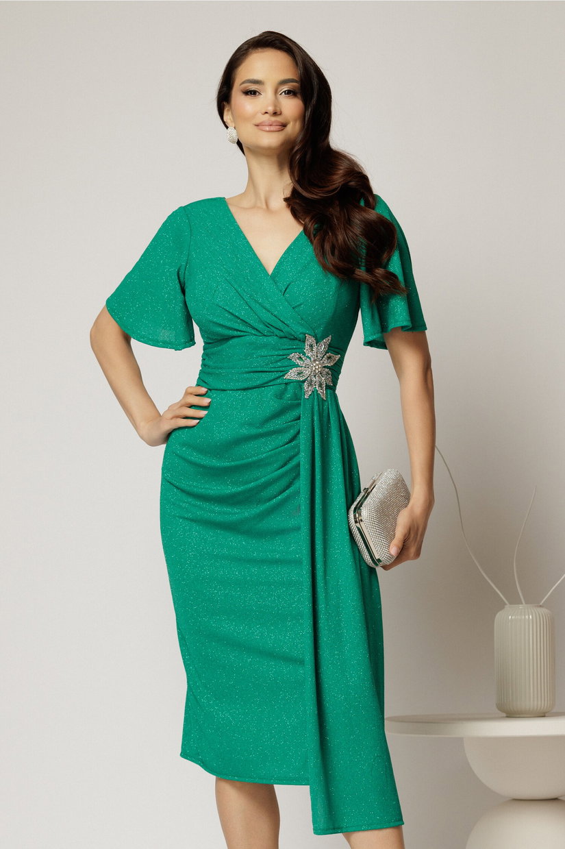Rochie midi verde mulata cu decolteu petrecut si accesoriu in talie