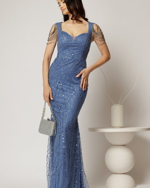 Rochie bleu de seara croi sirena cu aplicatii de paiete si margele