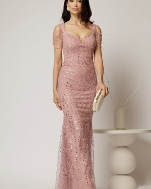 Rochie roz de seara croi sirena cu aplicatii de paiete si margele