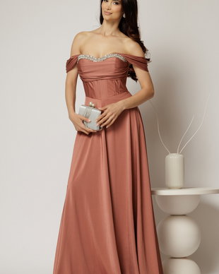 Rochie lunga roz coniac de seara din lycra cu bust buretat