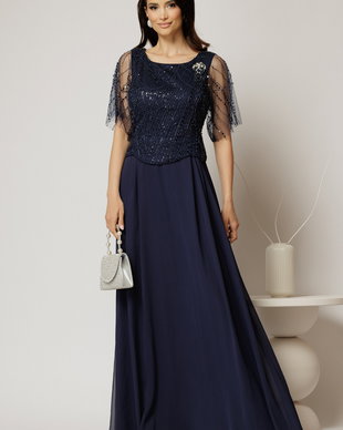 Rochie lunga bleumarin de seara din voal si aplicatii de paiete la bust