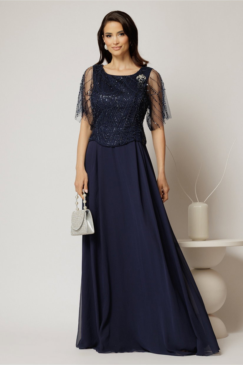 Rochie lunga bleumarin de seara din voal si aplicatii de paiete la bust