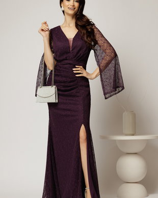 Rochie mov lunga de seara din dantela cu insertii de sclipici