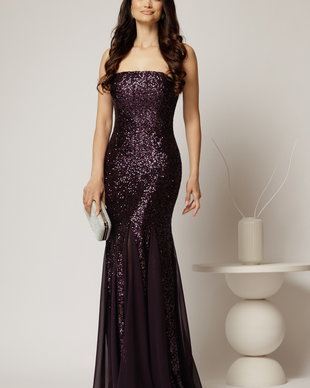 Rochie mov lunga de seara din paiete cu bretele subtiri si insertii de voal pe fusta