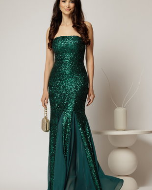 Rochie verde lunga de seara din paiete cu bretele subtiri si insertii de voal pe fusta