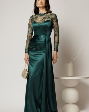 Rochie eleganta verde lunga de seara din lycra si dantela la bust si maneci