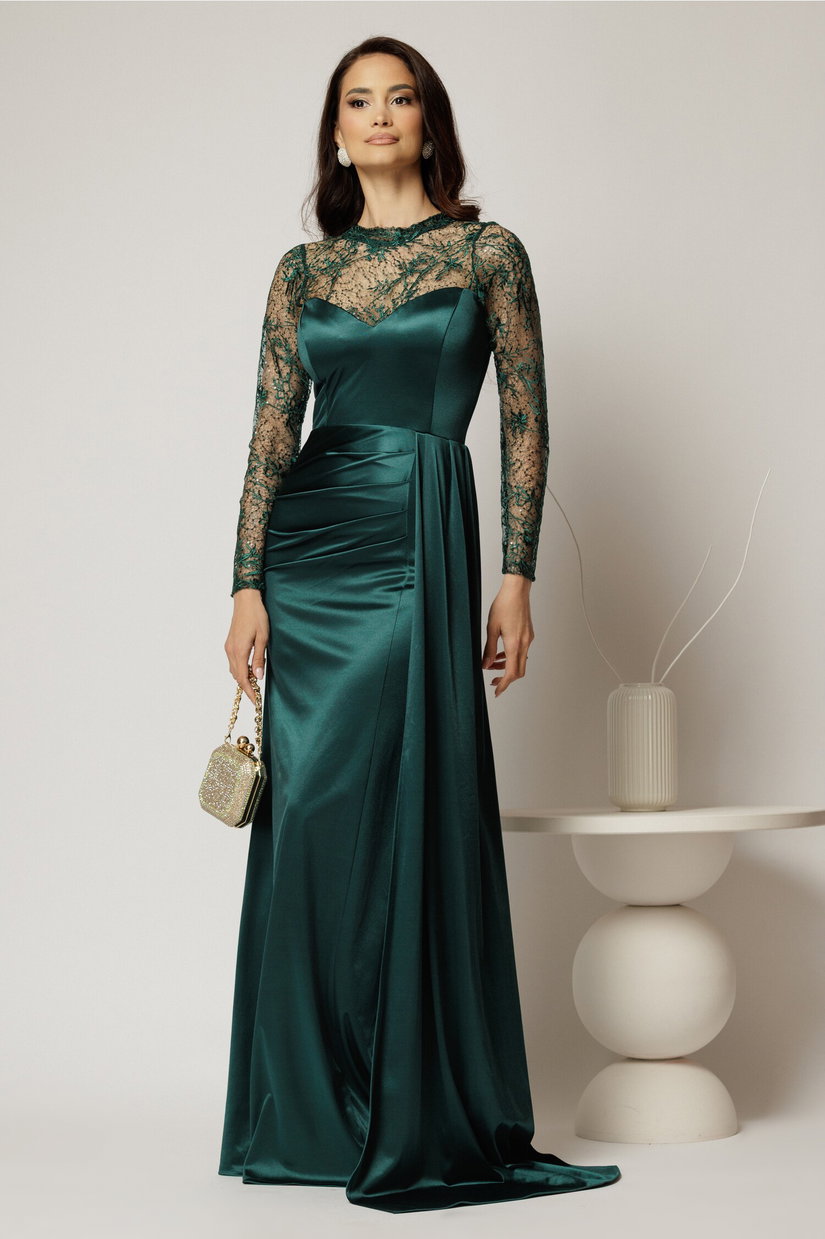 Rochie eleganta verde lunga de seara din lycra si dantela la bust si maneci
