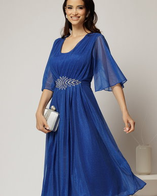 Rochie midi albastra de ocazie din voal cu sclipici si accesoriu talie