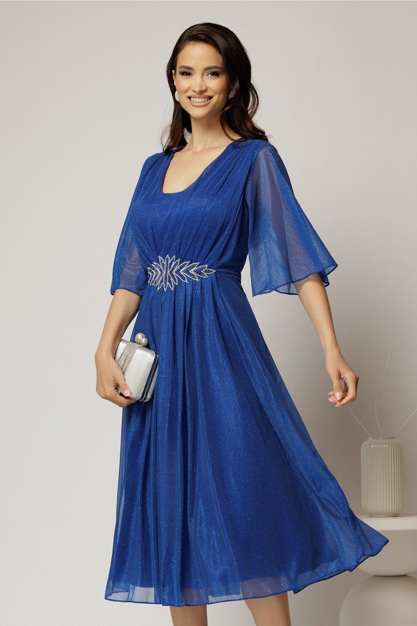 Rochie midi albastra de ocazie din voal cu sclipici si accesoriu talie