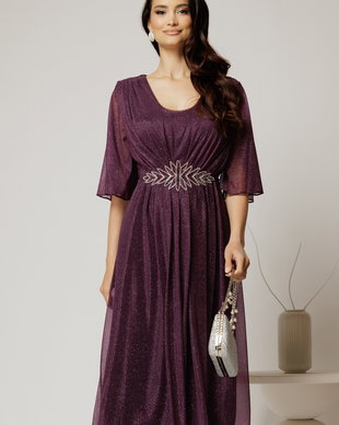Rochie midi mov de ocazie din voal cu sclipici si accesoriu talie