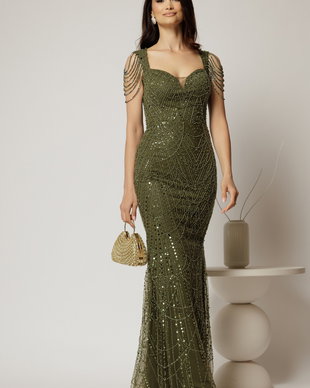 Rochie kaki de seara croi sirena cu aplicatii de paiete si margele