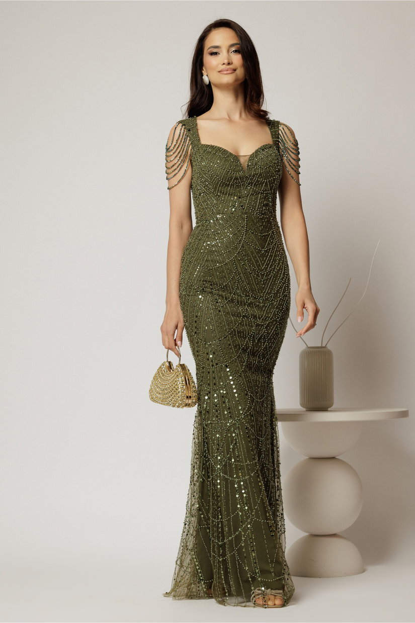 Rochie kaki de seara croi sirena cu aplicatii de paiete si margele