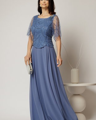 Rochie lunga bleu de seara din voal si aplicatii de paiete la bust