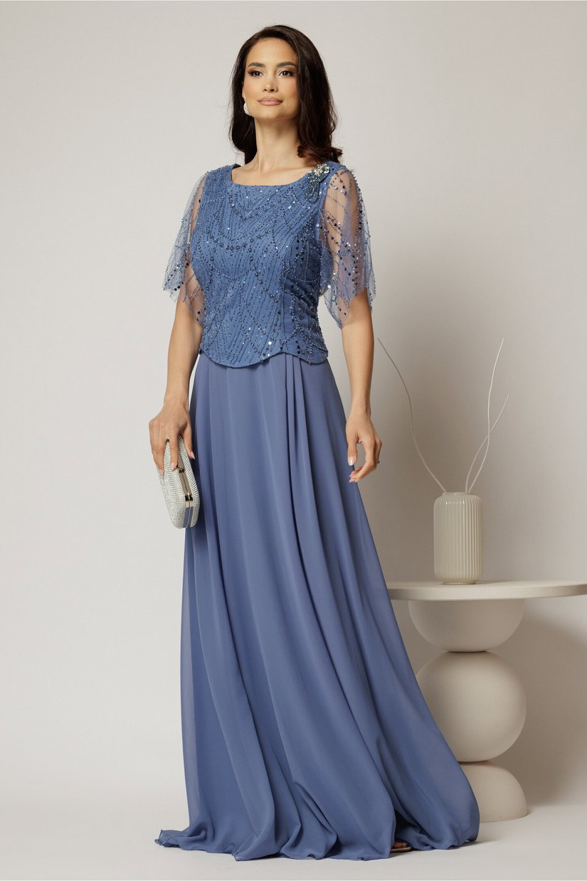 Rochie lunga bleu de seara din voal si aplicatii de paiete la bust