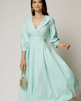 Rochie office de ocazie din stofa turcoaz cu bust petrecut si rever