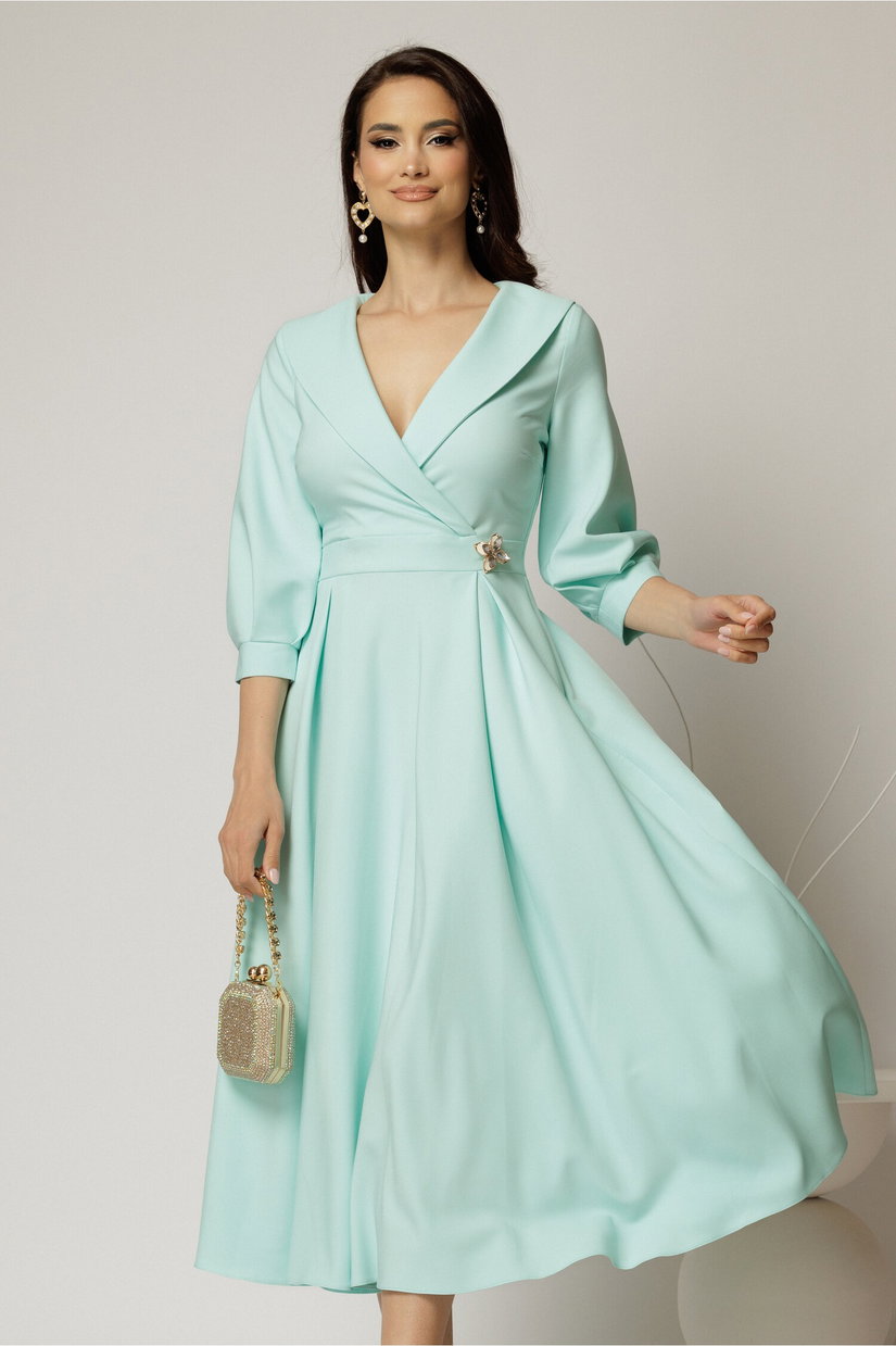 Rochie office de ocazie din stofa turcoaz cu bust petrecut si rever