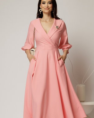 Rochie office de ocazie din stofa roz somon cu bust petrecut si rever