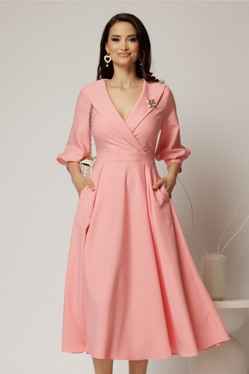 Rochie office de ocazie din stofa roz somon cu bust petrecut si rever