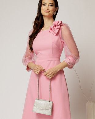 Rochie DY Fashion roz cu maneci din organza si detaliu floral