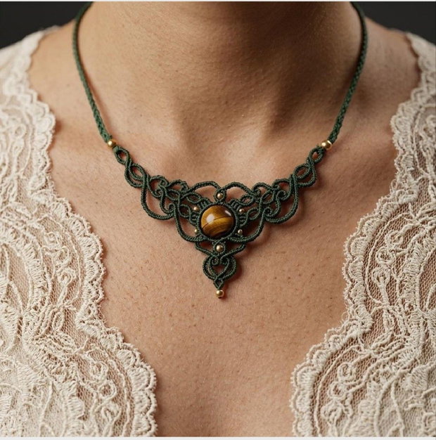 Colier Choker Medieval Princess Micromacrame cu Cristal Natural
