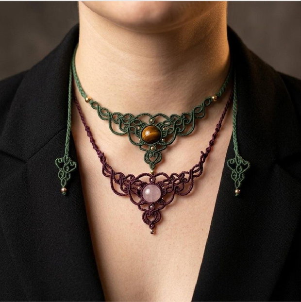Colier Choker Medieval Princess Micromacrame cu Cristal Natural