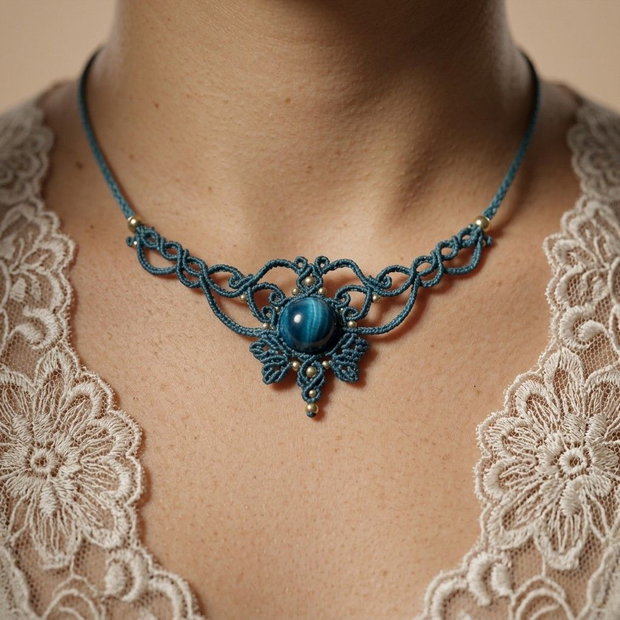 Choker frunze micromacrame ochi de tigru
