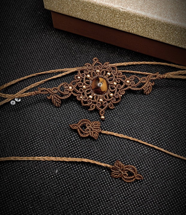 Colier Choker Mandala Micromacrame Ochi de tigru