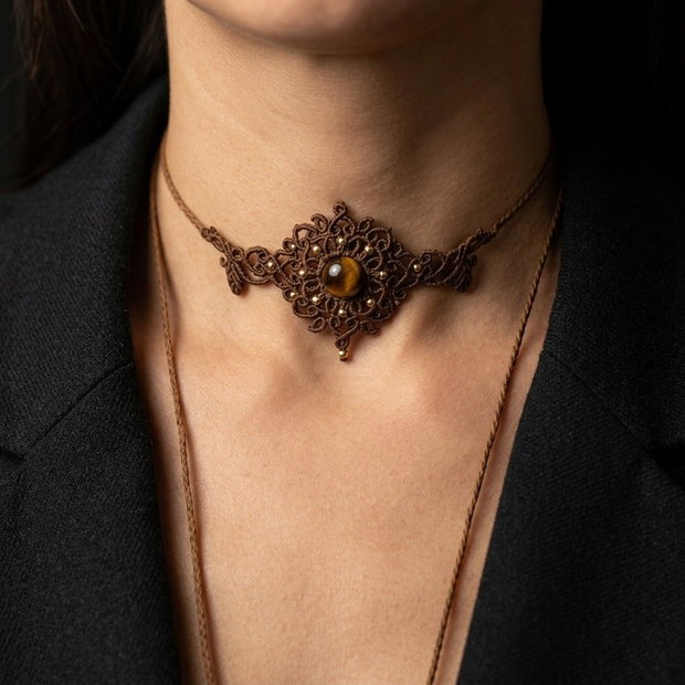 Colier Choker Mandala Micromacrame Ochi de tigru