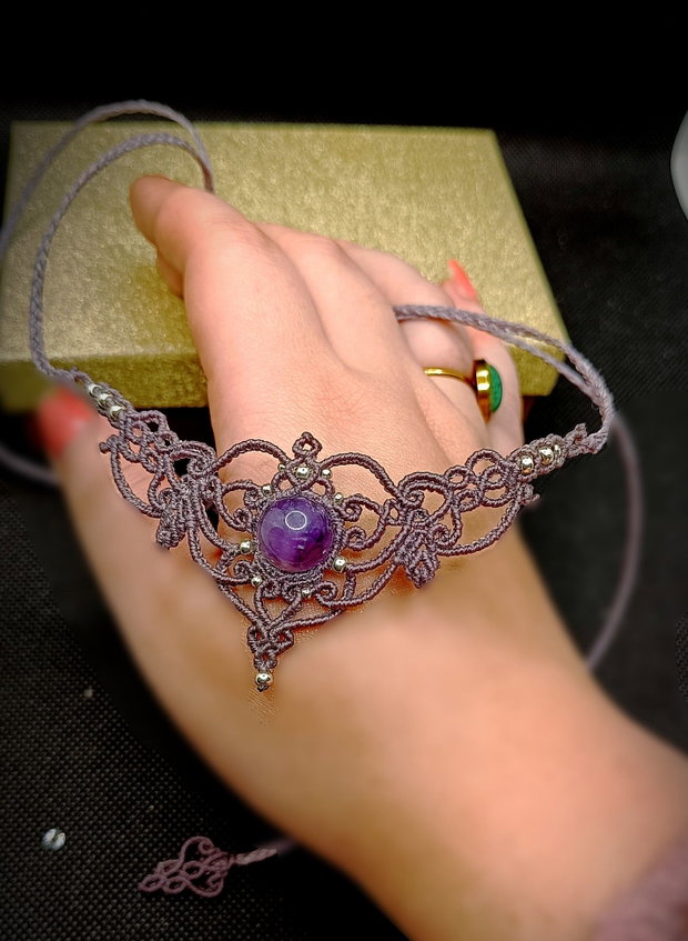 Colier Choker Frunze Mov Micromacrame Ametist