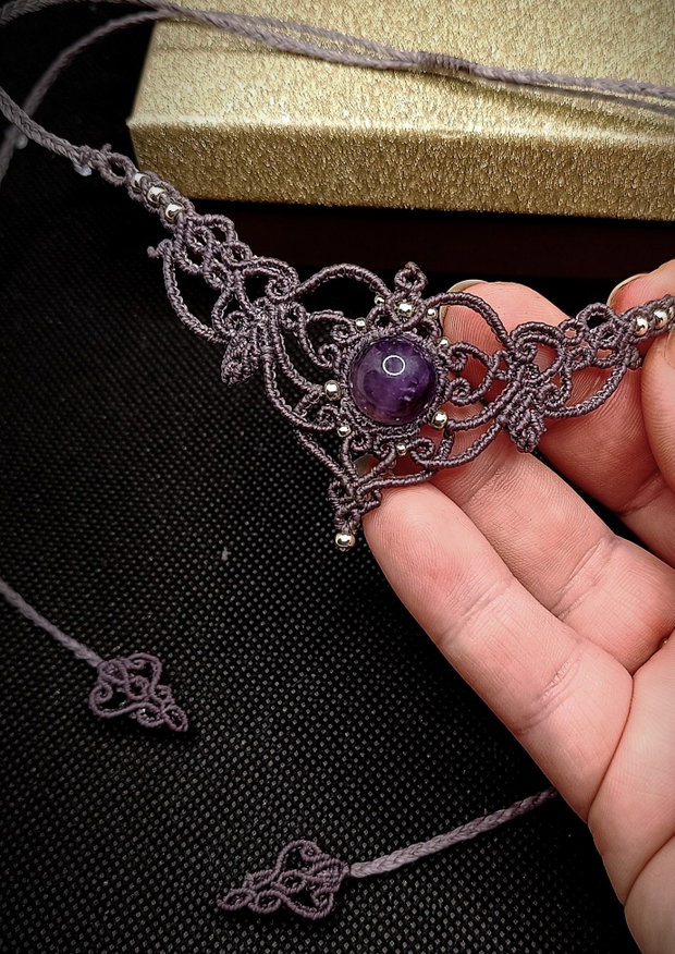 Colier Choker Frunze Mov Micromacrame Ametist