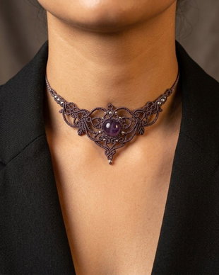 Colier Choker Frunze Mov Micromacrame Ametist
