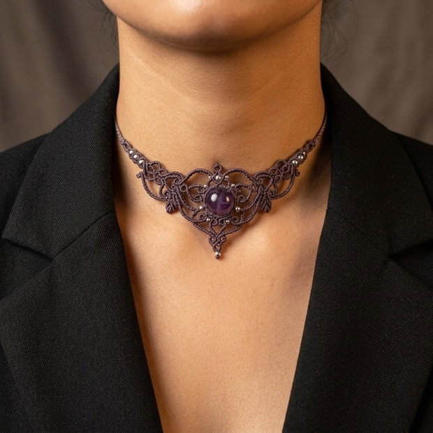 Colier Choker Frunze Mov Micromacrame Ametist