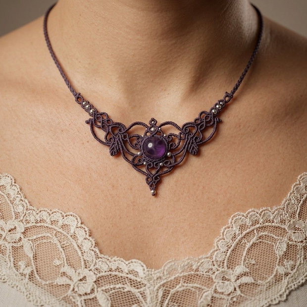 Colier Choker Frunze Mov Micromacrame Ametist