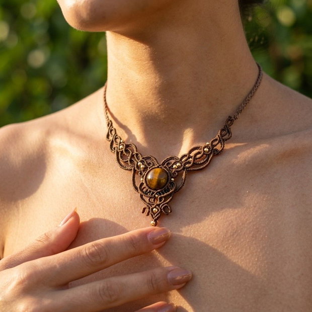 Colier Talisman Minimalist Micromacrame cu Ochi de tigru