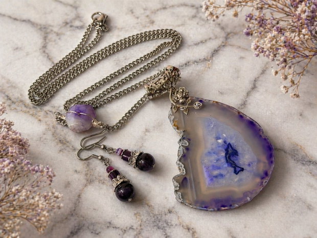 SET ~LAVENDER ELEMENT~ agate,ametist,hematit,inox