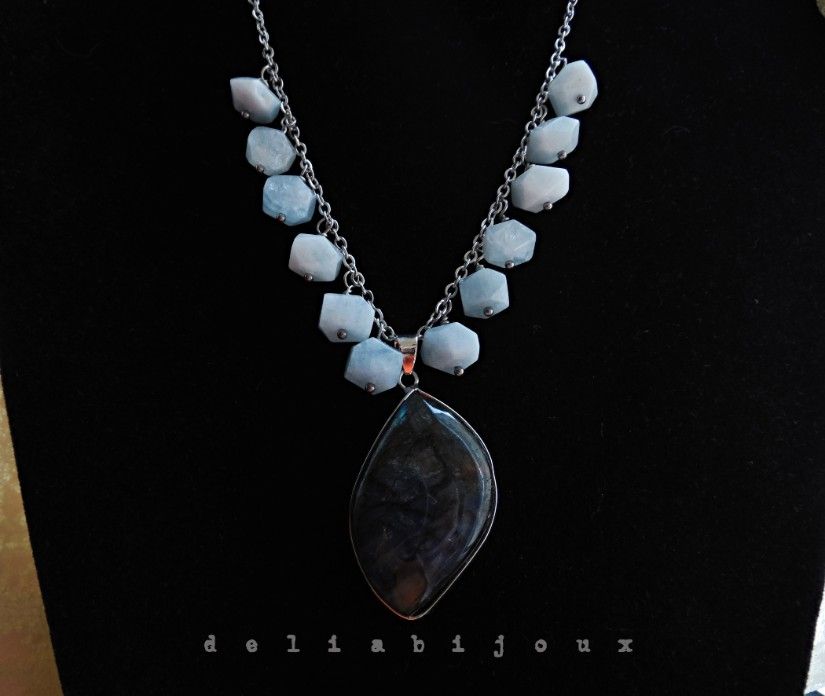 Colier handmade pietre naturale acvamarin și pandantiv labradorit (cod1423)