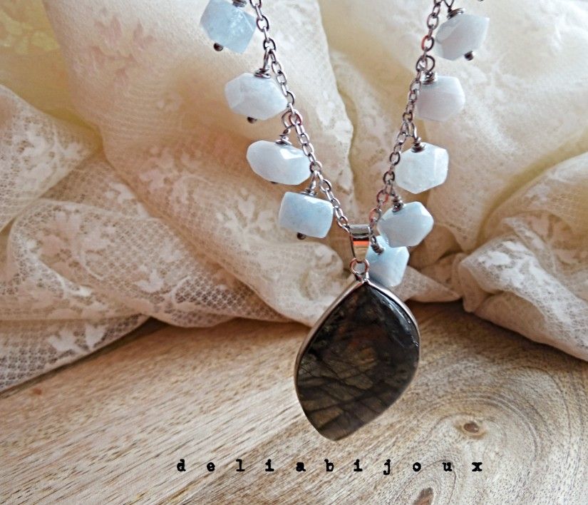 Colier handmade pietre naturale acvamarin și pandantiv labradorit (cod1423)